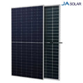 Two JA Solar bifacial solar panels displayed side by side against white background, showing dark front surface and lighter ba