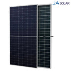 Two JA Solar bifacial solar panels displayed side by side against white background, showing dark front surface and lighter ba