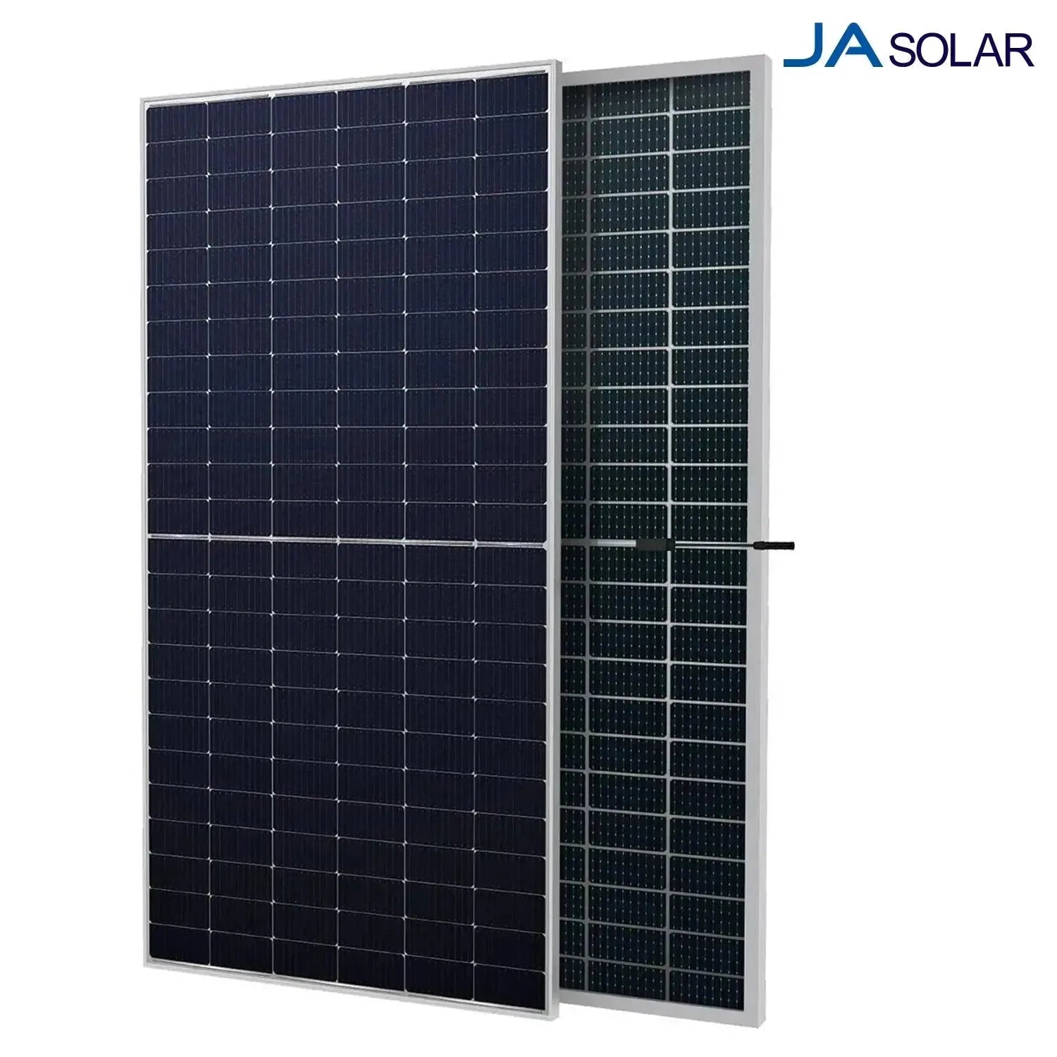Two JA Solar bifacial solar panels displayed side by side against white background, showing dark front surface and lighter ba