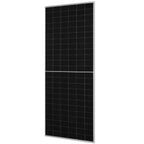 Black bifacial solar panel with silver frame, shown at an angle against a white background.