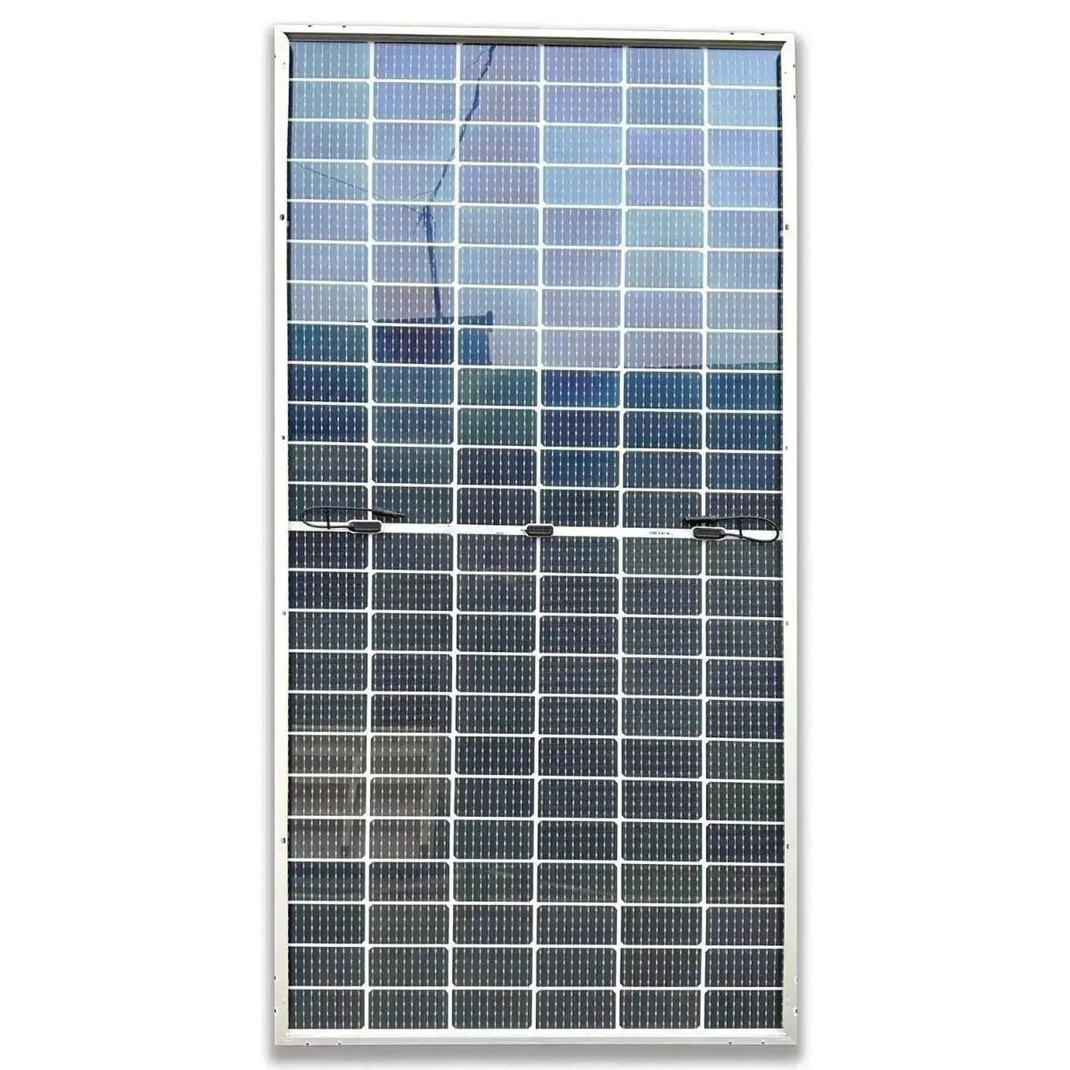 Rectangular solar panel with white frame displaying grid of blue photovoltaic cells arranged in rows and columns, viewed from