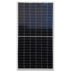 JA Solar 600W bifacial n-type solar panel with white frame and dark glass surface featuring gridded cell pattern.