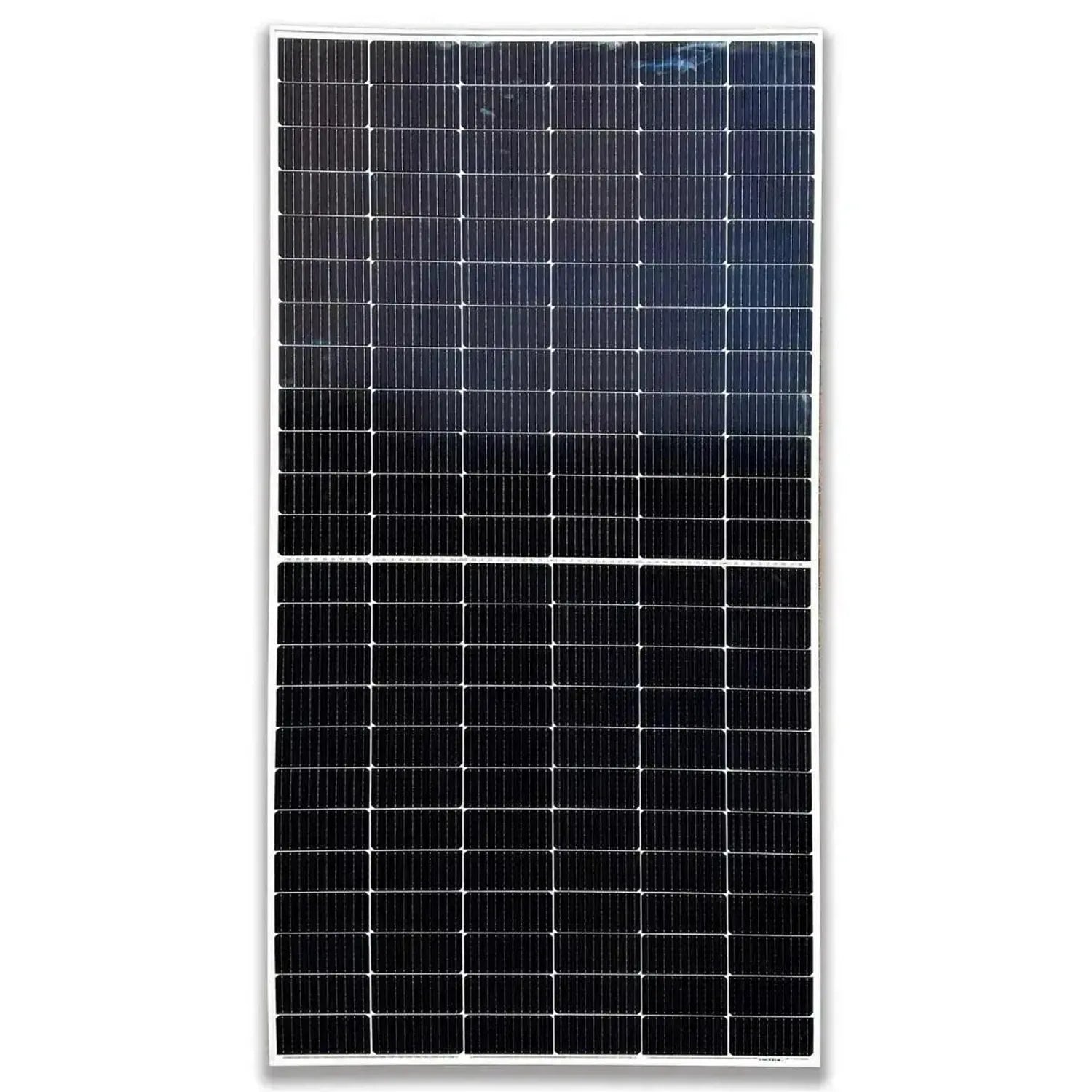 JA Solar 600W bifacial n-type solar panel with white frame and dark glass surface featuring gridded cell pattern.