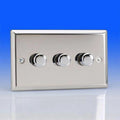 Chrome-plated 3 gang dimmer switch with three rotary controls against blue background, product shot on white surface.