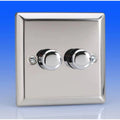 Polished chrome 2 gang dimmer switch with two rotary controls against blue background, product shot.