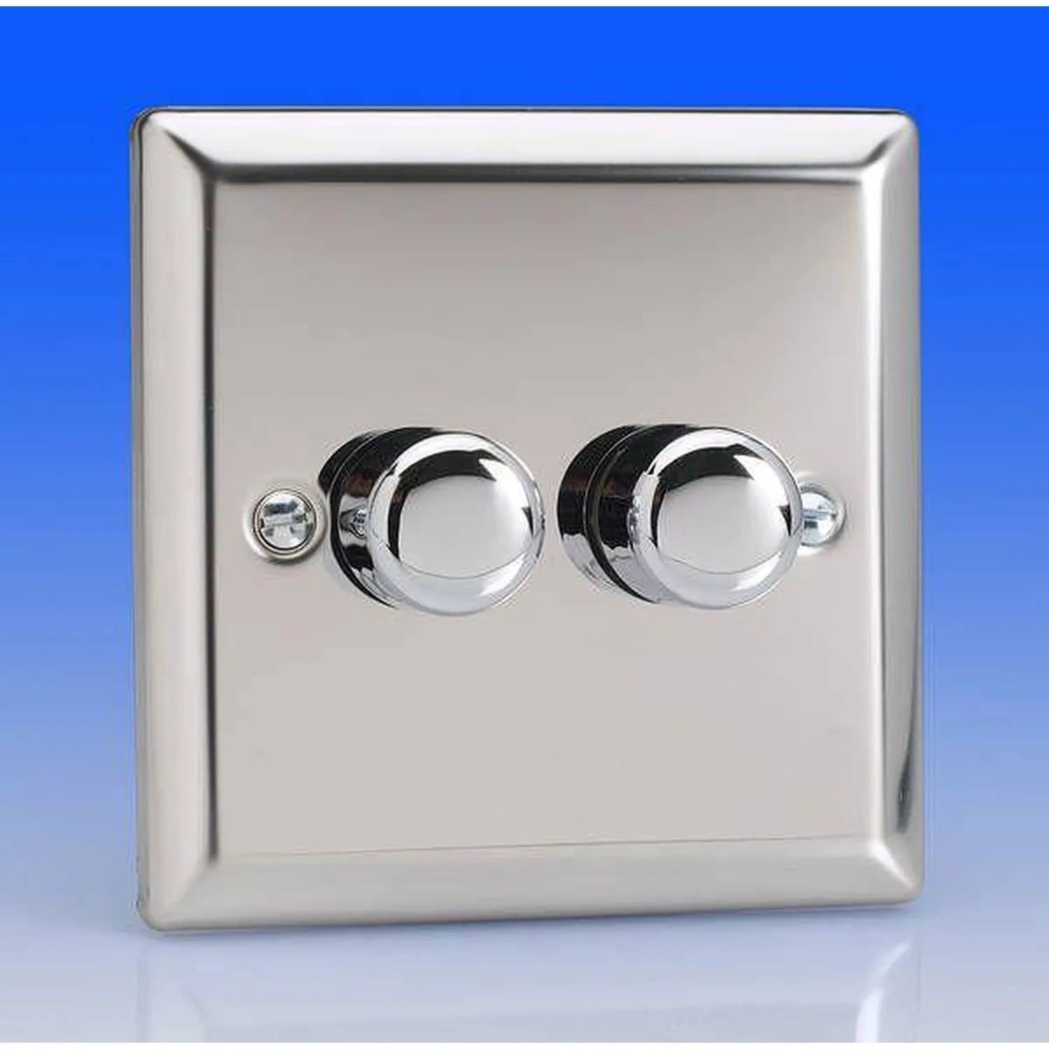 Polished chrome 2 gang dimmer switch with two rotary controls against blue background, product shot.