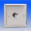 Chrome dimmer switch with rotary dial on blue background, product alone