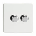White square dimmer switch with two chrome rotary controls, product shot on plain background.