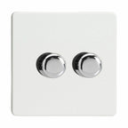 White square dimmer switch with two chrome rotary controls, product shot on plain background.
