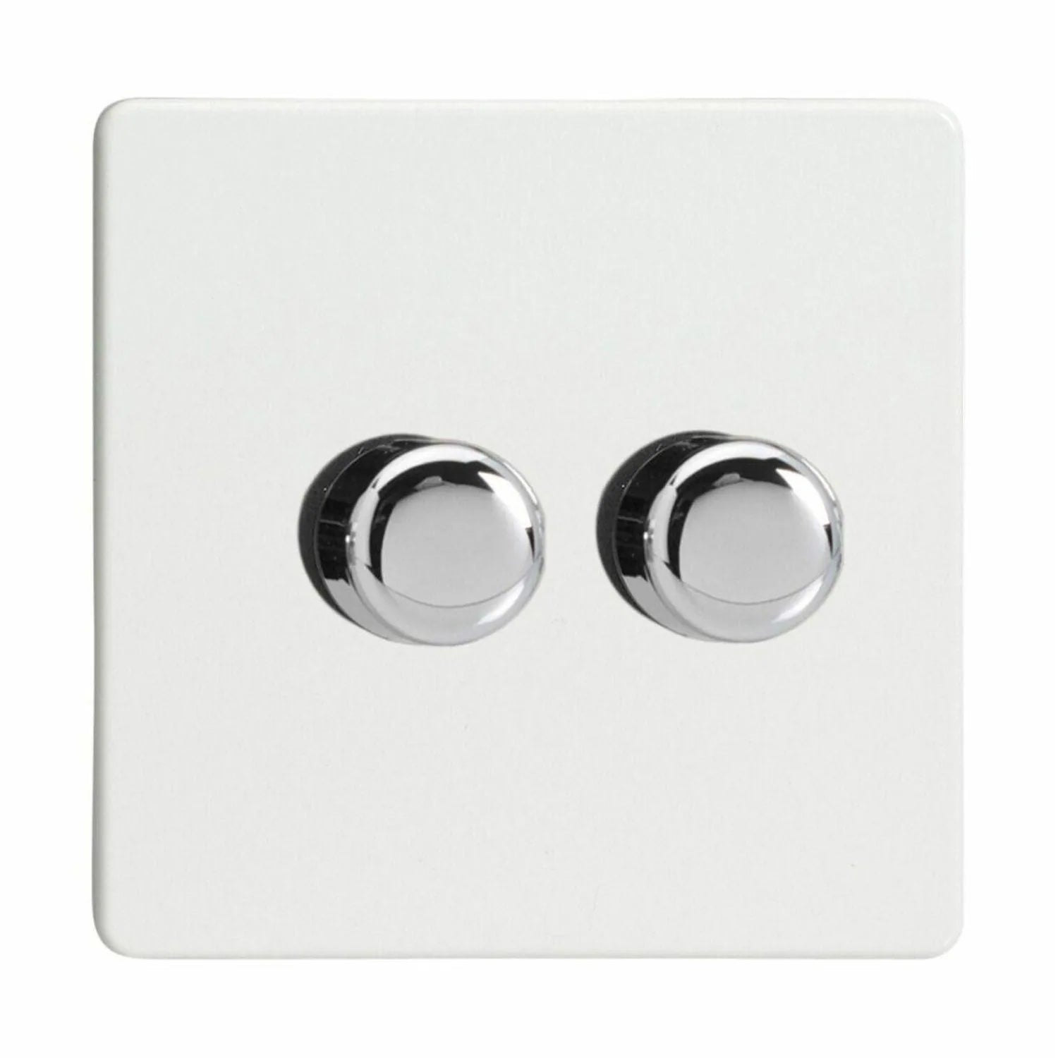 White square dimmer switch with two chrome rotary controls, product shot on plain background.