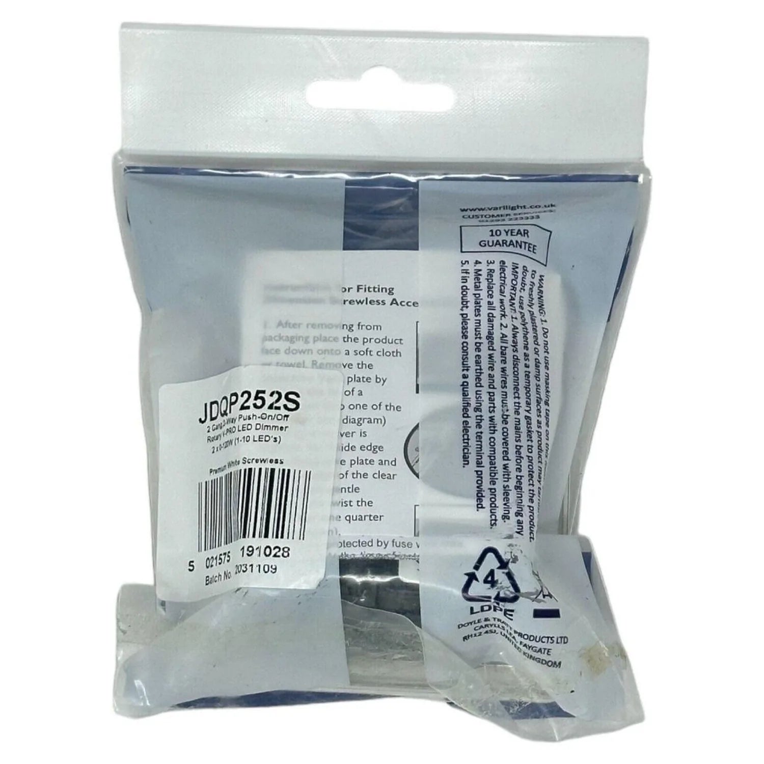 Varilight JDQP252S 2 Gang LED dimmer switch in packaging showing product label, barcode, and instruction details with 10 year