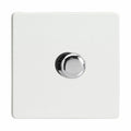 White square dimmer switch with polished chrome rotary dial, single gang configuration.