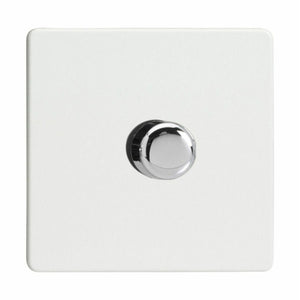 White square dimmer switch with polished chrome rotary dial, single gang configuration.