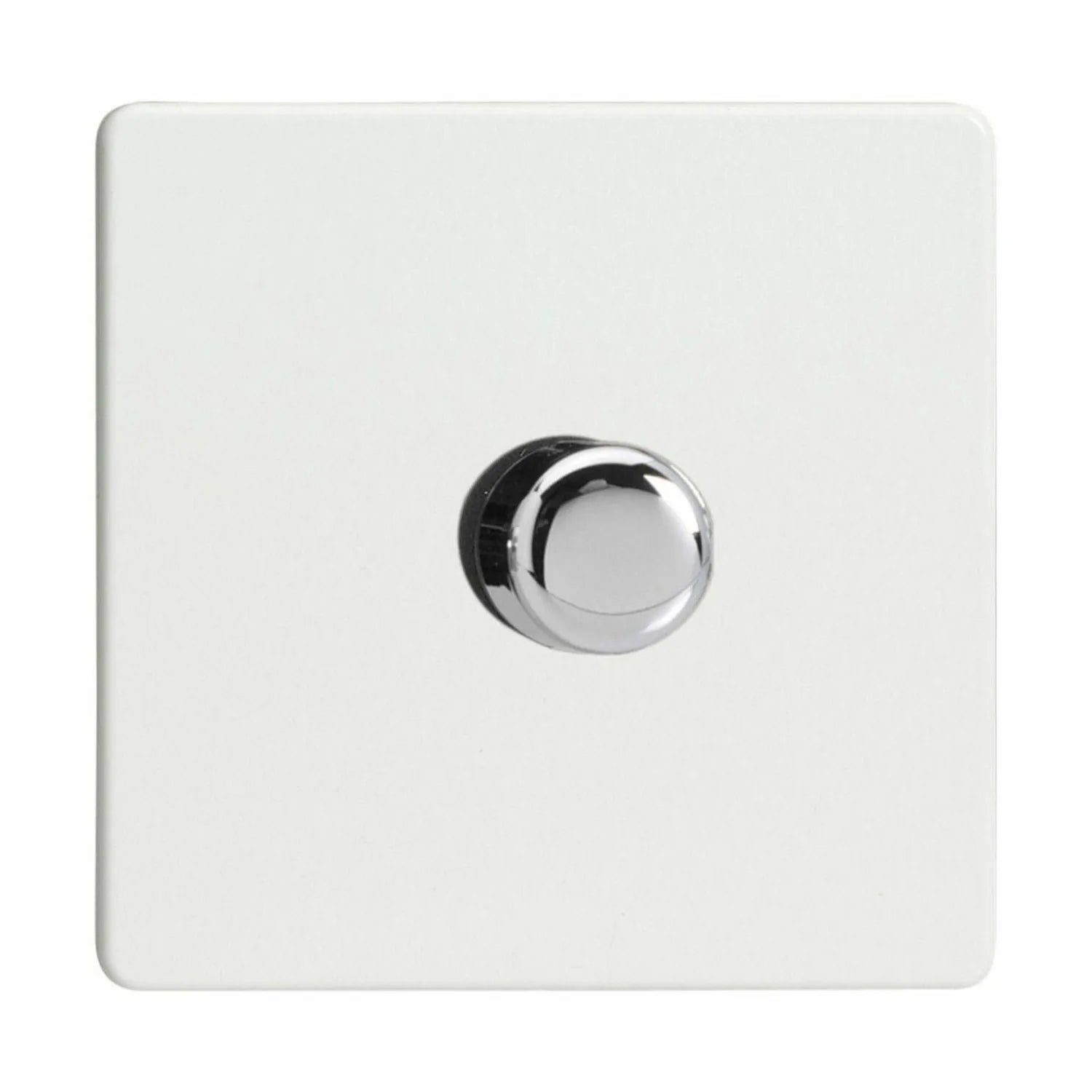 White square dimmer switch with polished chrome rotary dial, single gang configuration.