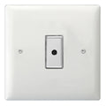 White dimmer switch with gray rectangular surround and black control knob, mounted on wall plate with two visible screw holes