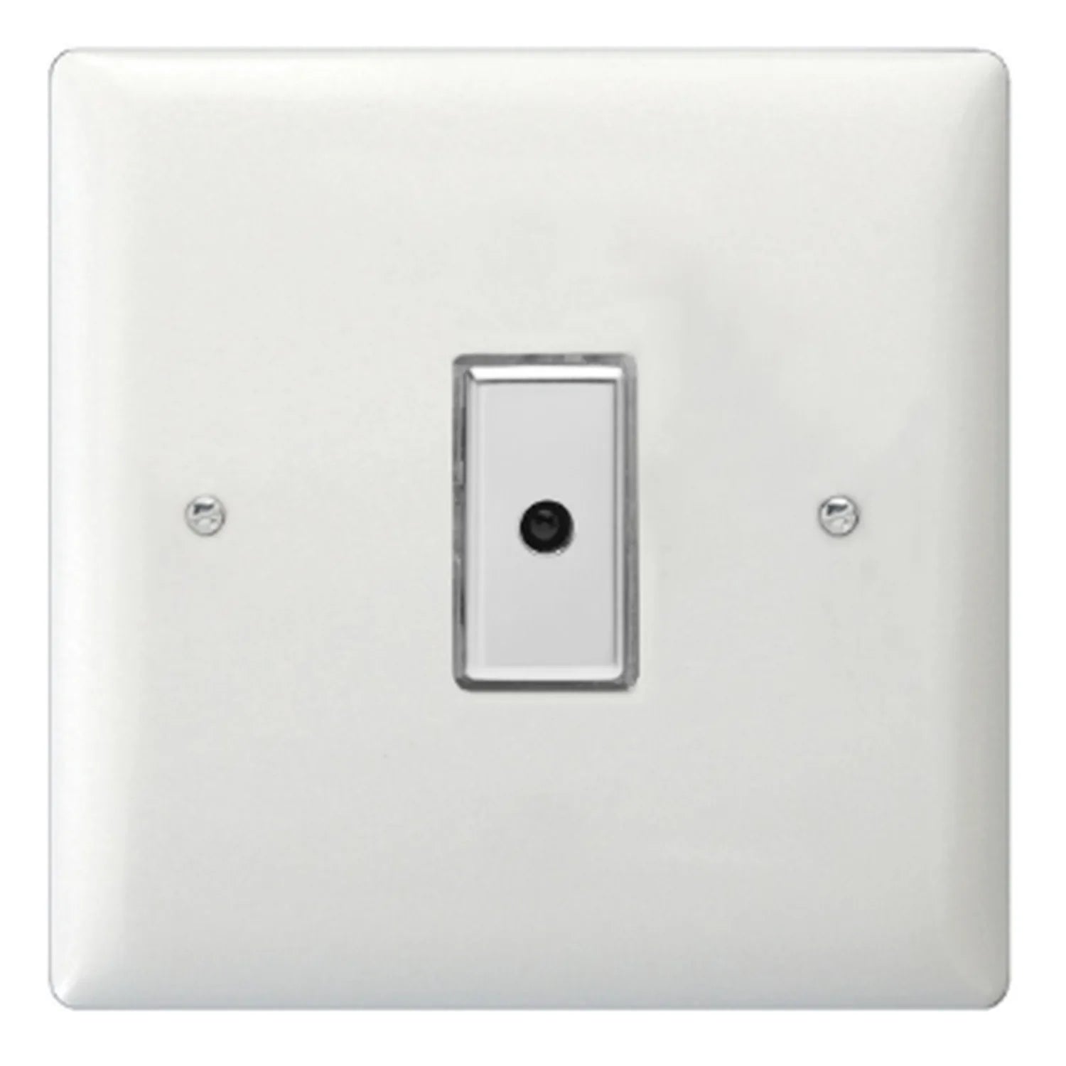 White dimmer switch with gray rectangular surround and black control knob, mounted on wall plate with two visible screw holes
