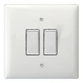 White double gang dimmer switch with chrome trim and two rectangular buttons, mounted on wall plate with screw holes visible.