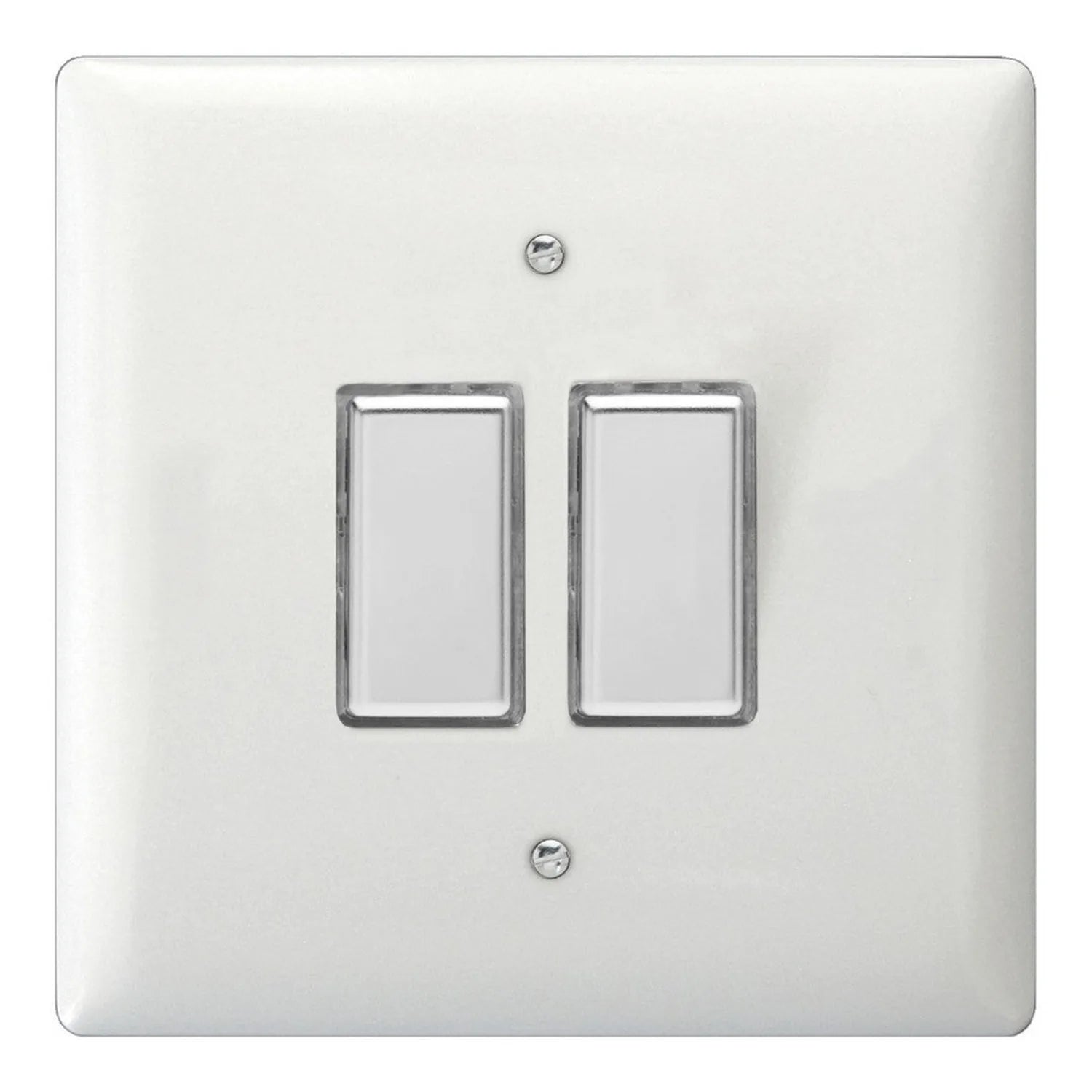 White double gang dimmer switch with chrome trim and two rectangular buttons, mounted on wall plate with screw holes visible.