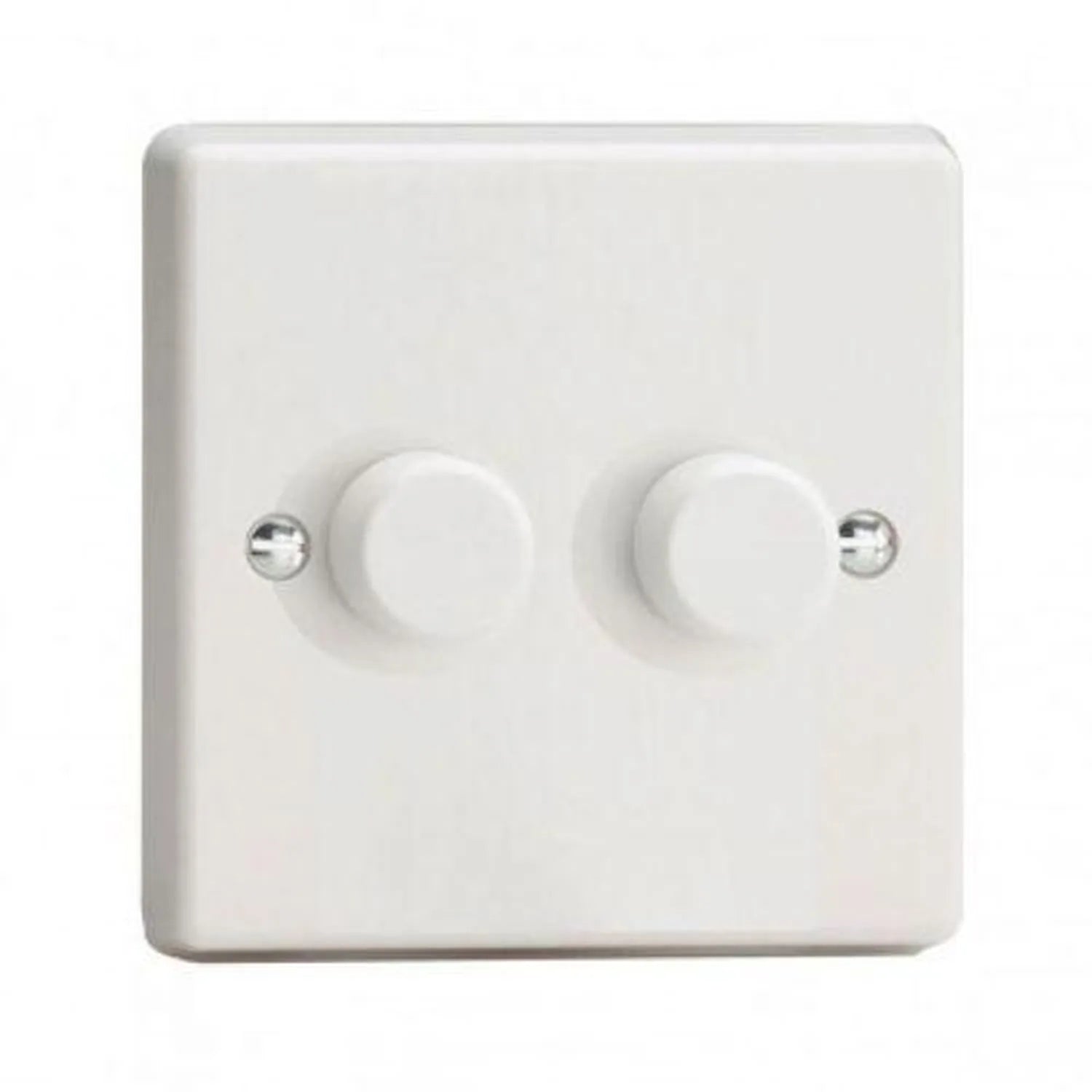 White 2-gang dimmer switch with two rotary controls and mounting screws visible on a plain background.