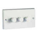 White three-gang dimmer switch with rotary knobs on white background, product shot.