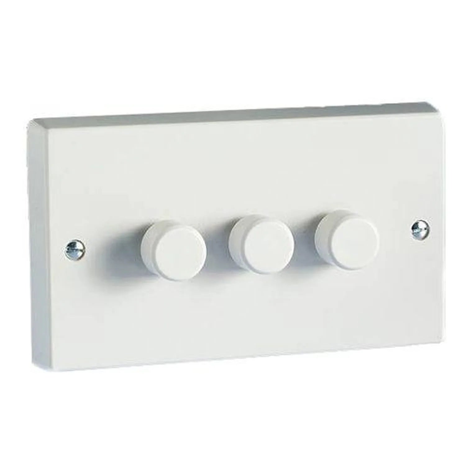 White three-gang dimmer switch with rotary knobs on white background, product shot.
