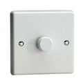 White single-gang dimmer switch with rotary control knob and chrome terminal screws on rectangular faceplate.