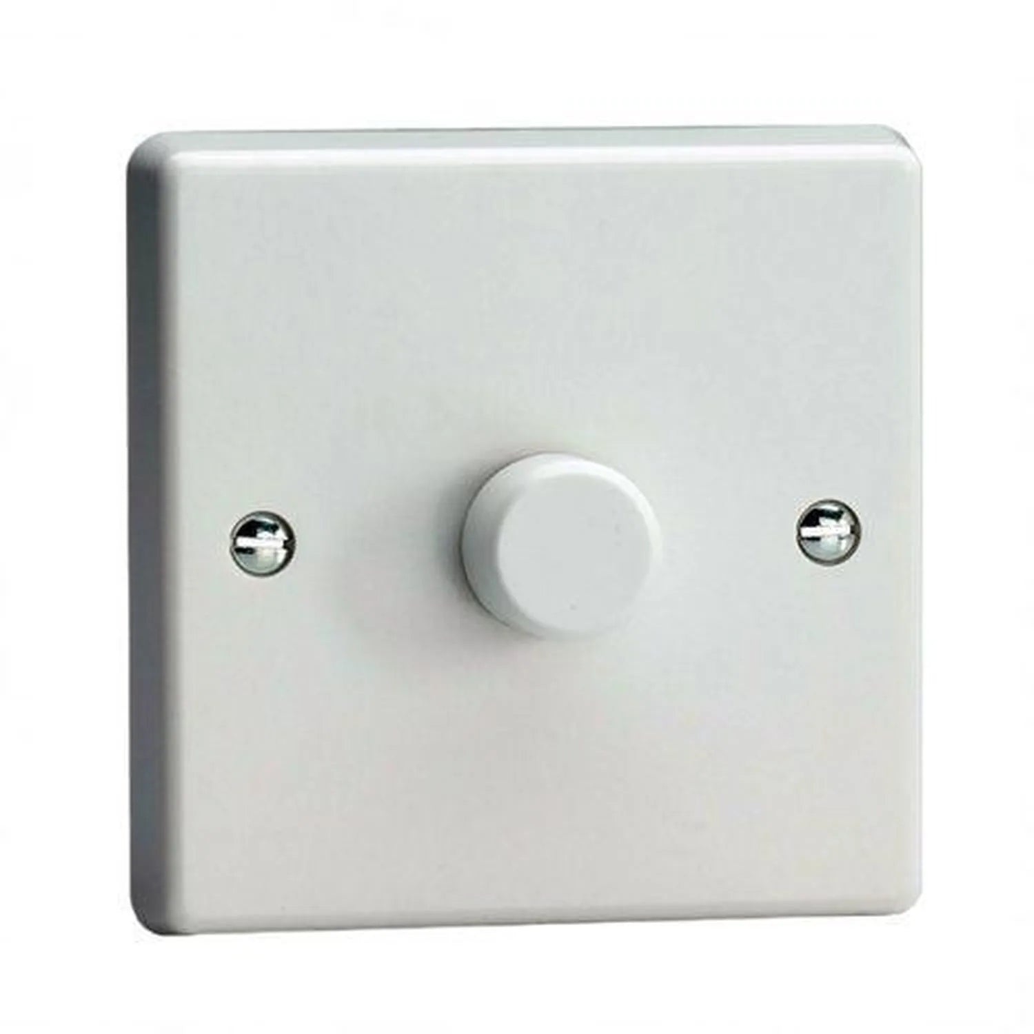 White single-gang dimmer switch with rotary control knob and chrome terminal screws on rectangular faceplate.