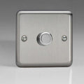 Brushed steel single-gang dimmer switch with rotary control dial and mounting screws, product shot on white background.