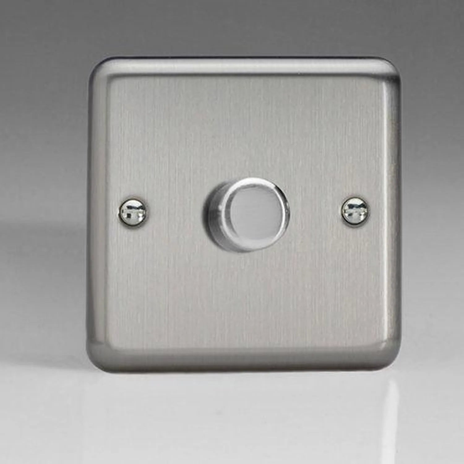 Brushed steel single-gang dimmer switch with rotary control dial and mounting screws, product shot on white background.