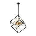 Black geometric cube pendant light with brass spiked interior and multiple candle-style bulbs against white background.