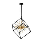 Black geometric cube pendant light with brass spiked interior and multiple candle-style bulbs against white background.