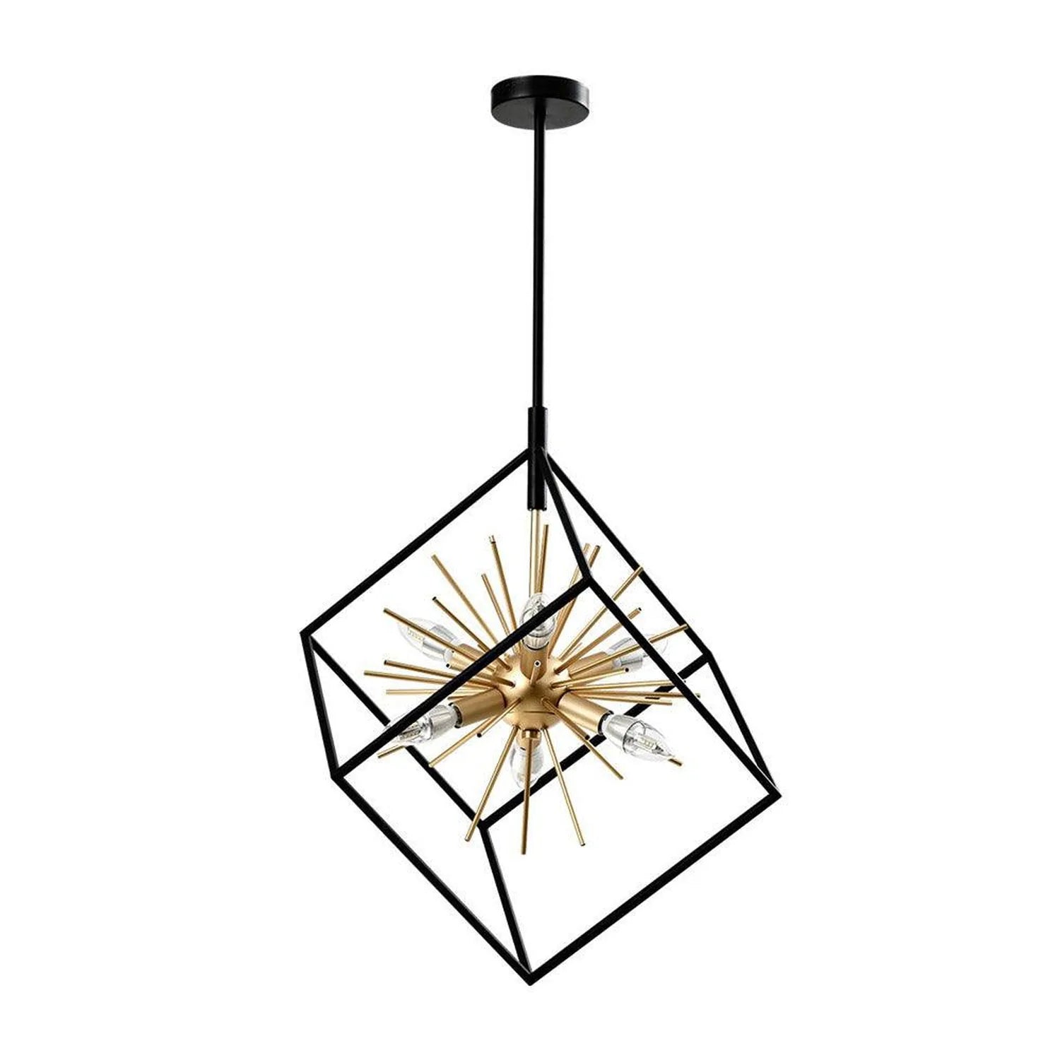 Black geometric cube pendant light with brass spiked interior and multiple candle-style bulbs against white background.