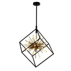 Black geometric cage pendant light with brass starburst center and multiple candle-style bulbs, isolated on white background.