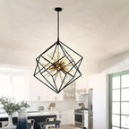 Black geometric cage pendant light with brass spiked center, installed in modern kitchen above island.