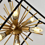 Astral LED ceiling pendant with six brass bullet-shaped fixtures radiating from central gold sphere, three illuminated, again