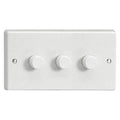 White 3-gang dimmer switch with rotary dials and mounting screws on rectangular faceplate, product alone shot.