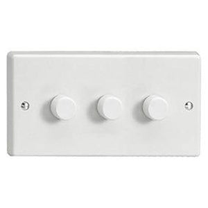 White 3-gang dimmer switch with rotary dials and mounting screws on rectangular faceplate, product alone shot.