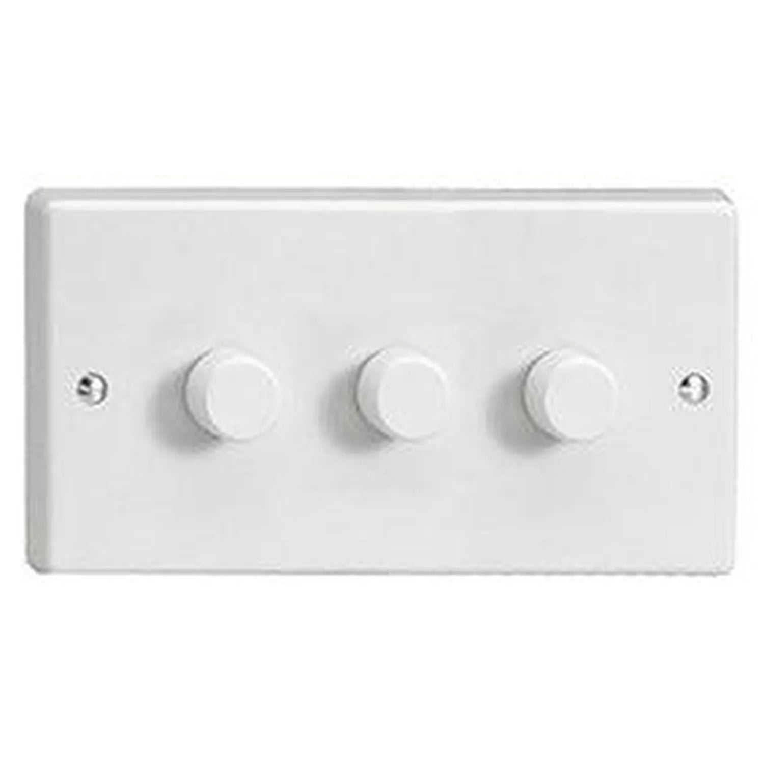 White 3-gang dimmer switch with rotary dials and mounting screws on rectangular faceplate, product alone shot.