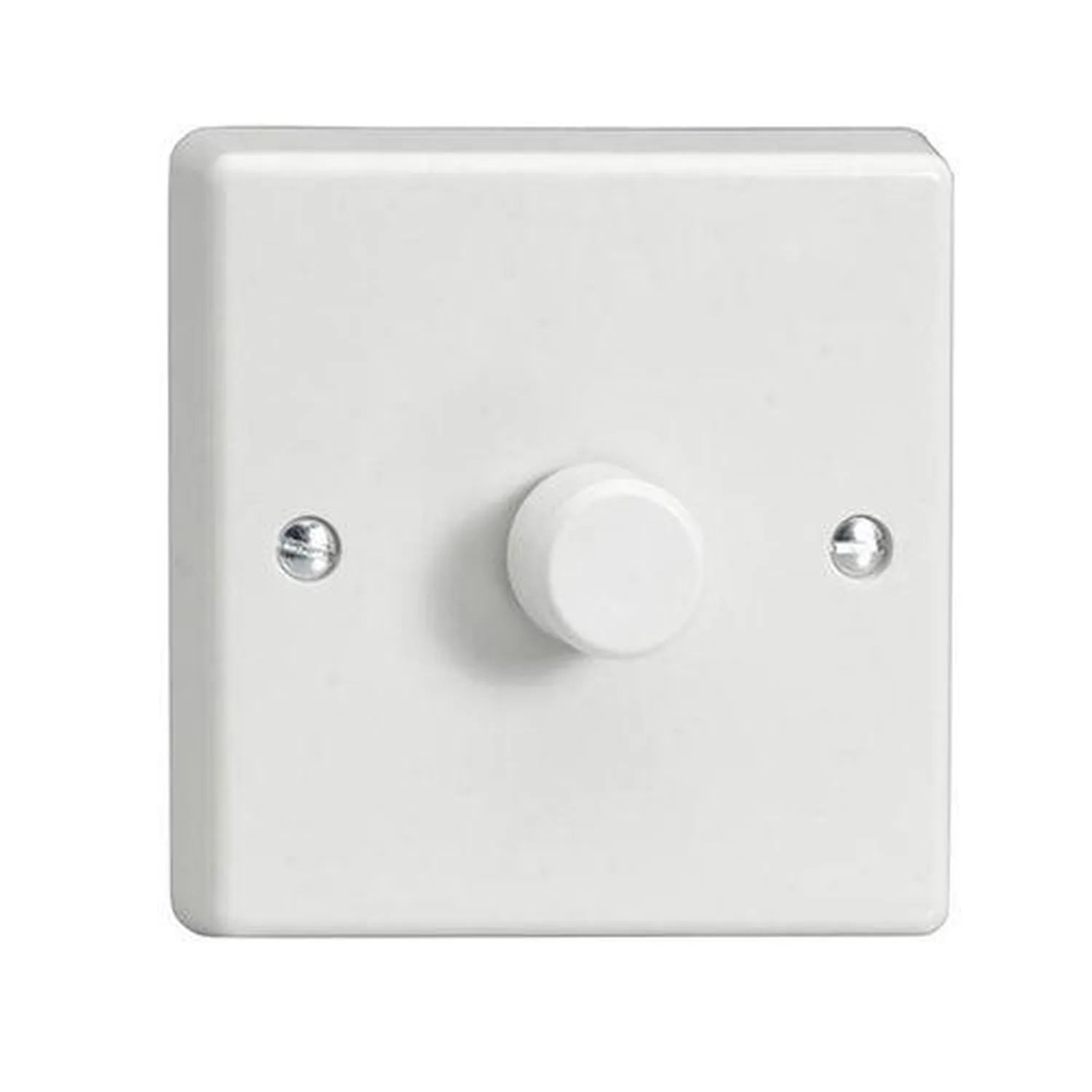 White single gang dimmer switch with rotary dial control and two mounting screw holes against plain background.