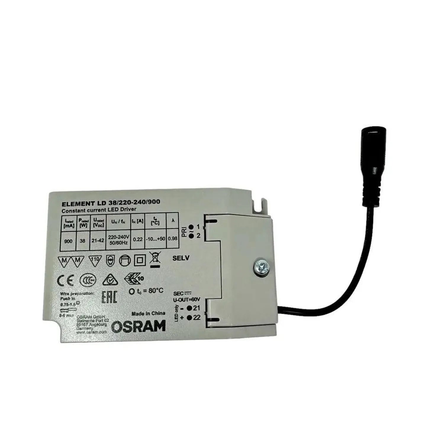 OSRAM Element LD 38/220-240/900 constant current LED driver with specifications label and black power cord against white back