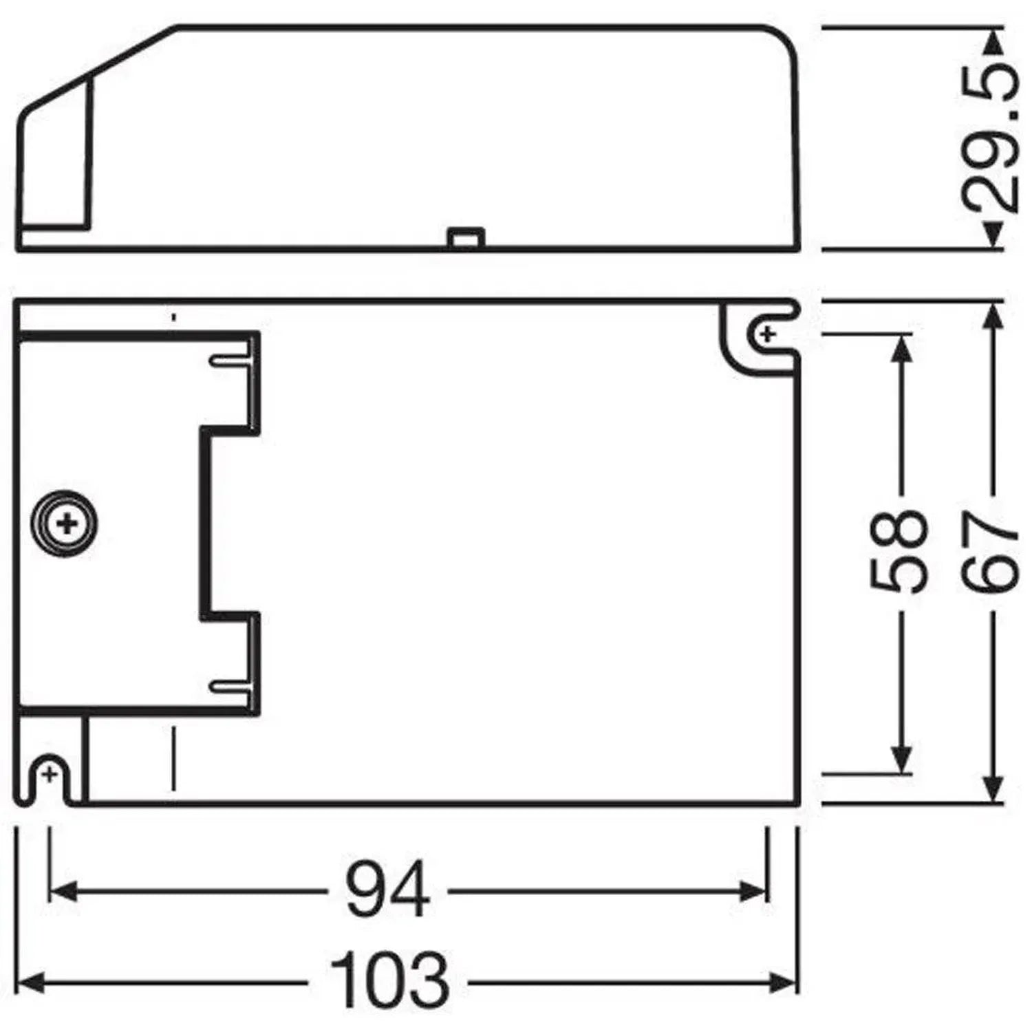 Technical dimension diagram of LED driver showing side and front views with measurements in millimeters: height 29.5, width 1