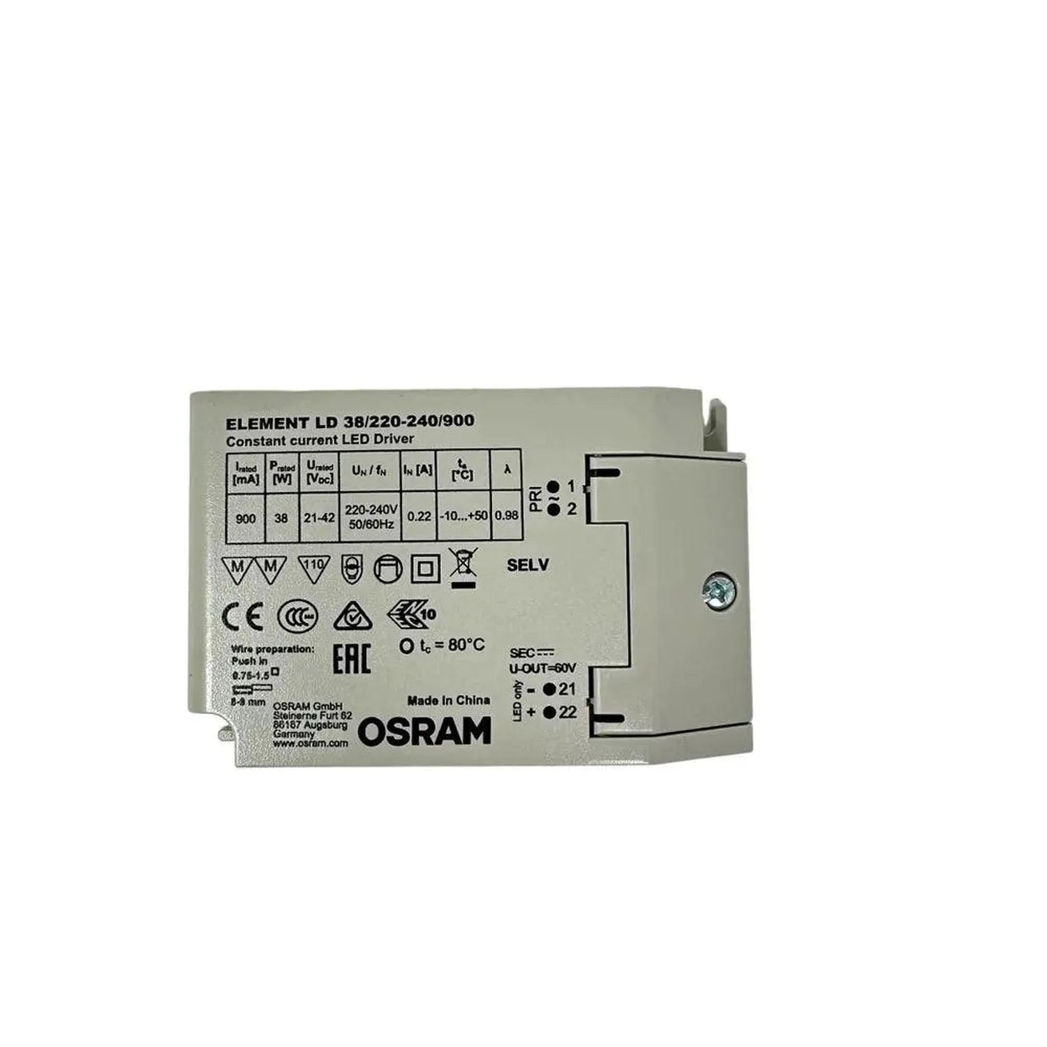 OSRAM Element LD 38/220-240/900 constant current LED driver showing specifications label and terminal connections.