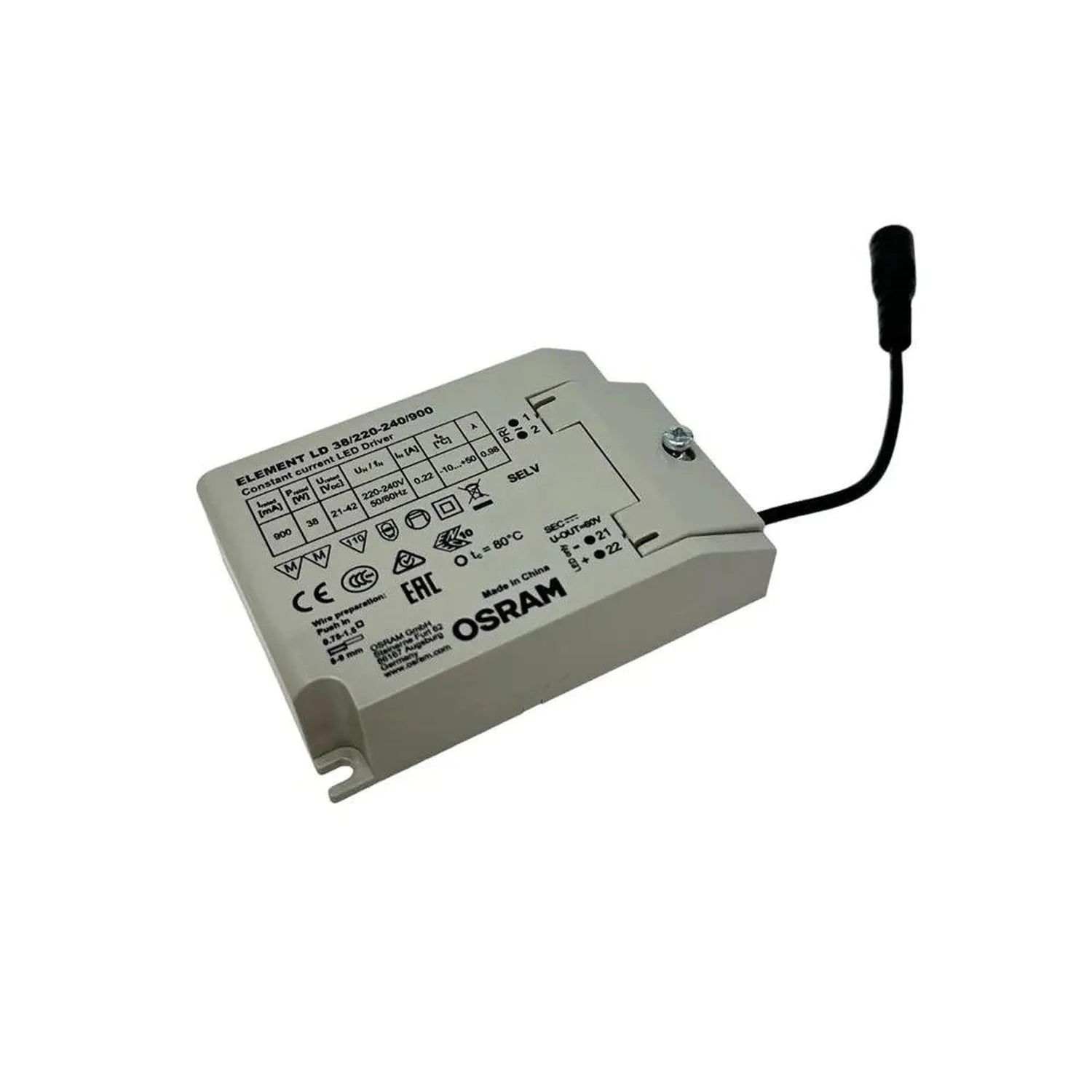Osram Element LD LED driver with attached black power cable, showing regulatory markings and specifications on beige housing.