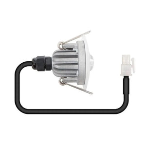 LED emergency spotlight with aluminum housing, black cable, and white connector, shown as product component view.