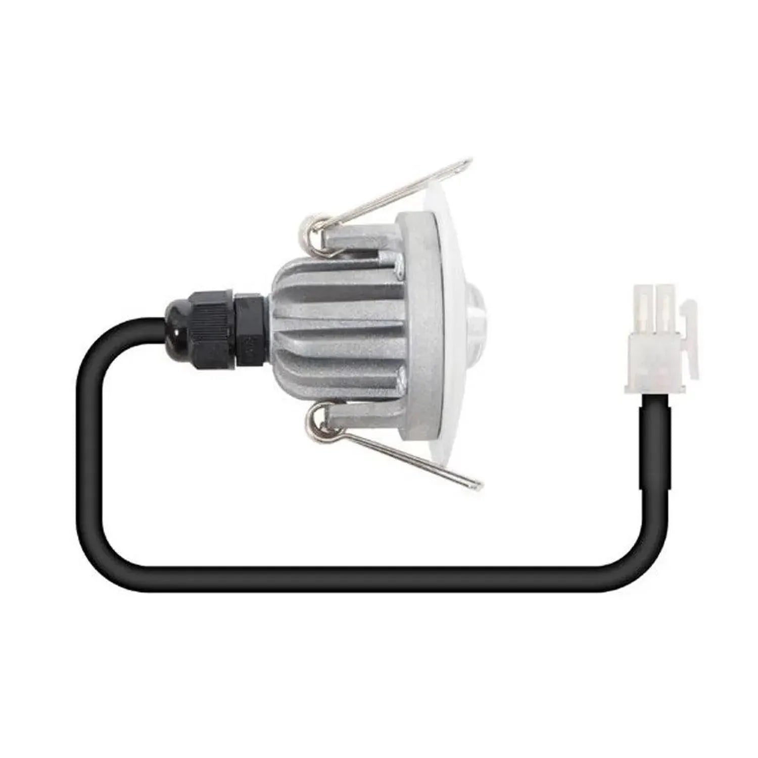 LED emergency spotlight with aluminum housing, black cable, and white connector, shown as product component view.