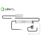 LiFePO4 LED emergency lighting system components including driver unit, wiring harness, and recessed spotlight fixture with i