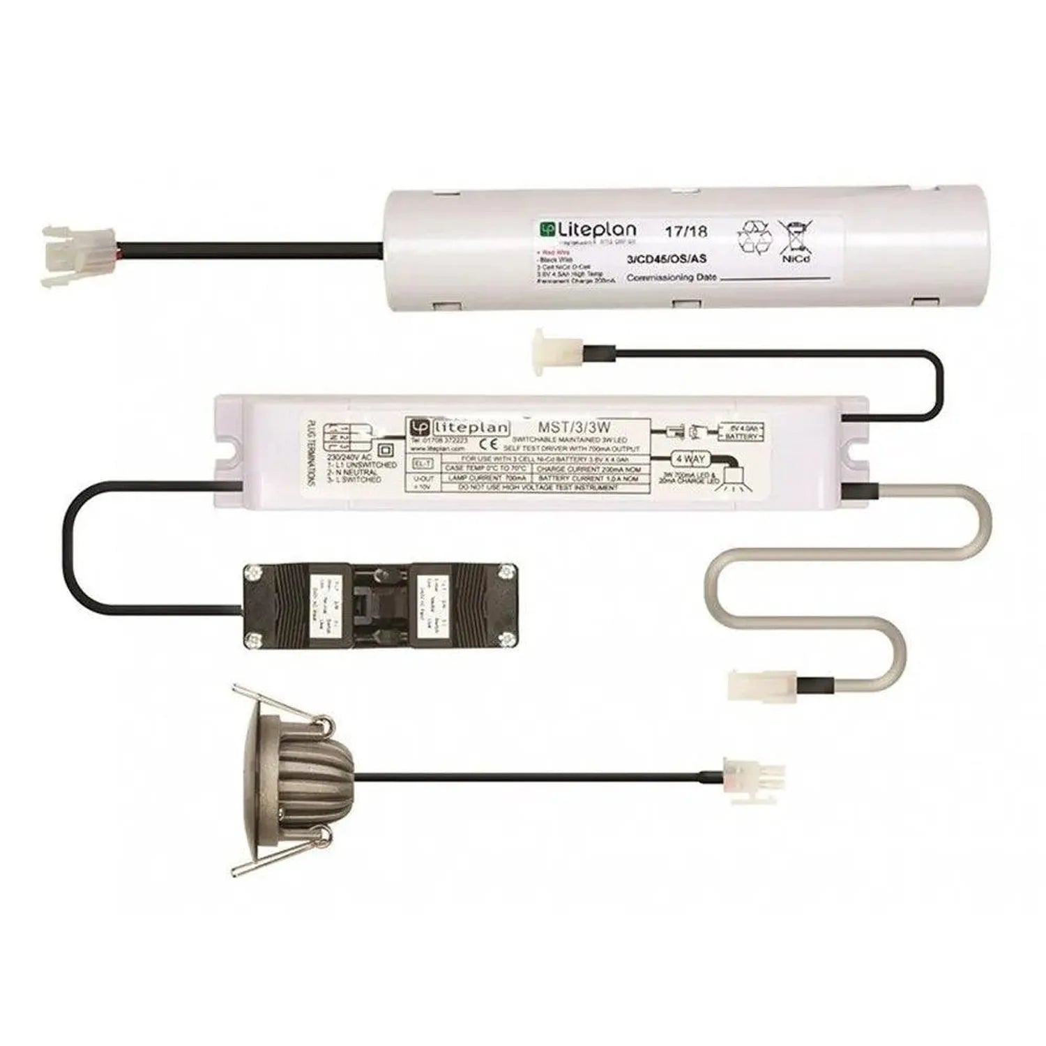 Liteplan LED emergency lighting components displayed flat lay showing battery pack, driver unit, transformer, wiring harness,