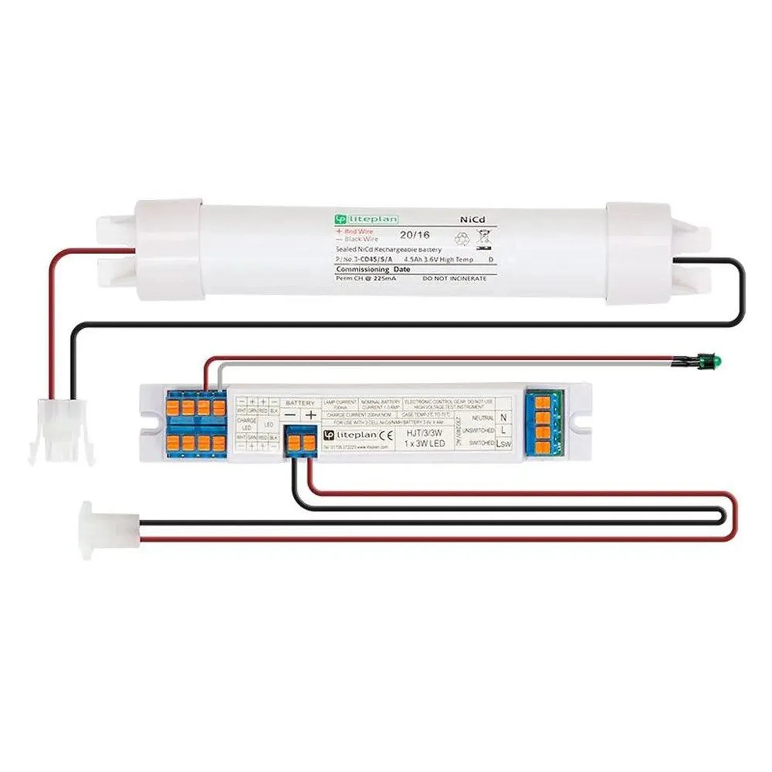 Emergency lighting kit showing NiCd battery pack, electronic control unit with terminal blocks, and wiring connections for LE
