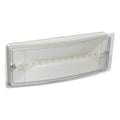 White rectangular LED emergency bulkhead light with clear polycarbonate diffuser and yellow LED indicator lights visible insi