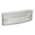 White rectangular LED emergency bulkhead light with clear polycarbonate diffuser and yellow LED indicator lights visible insi